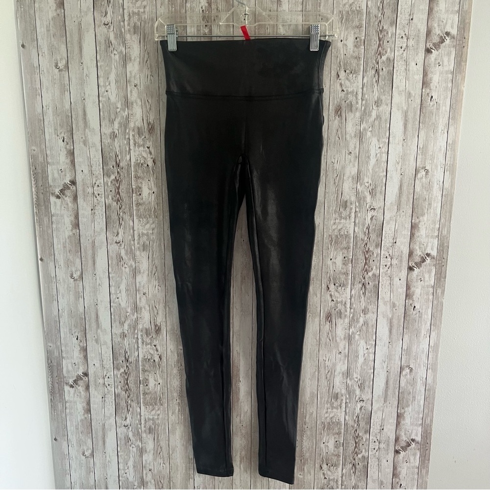 SPANX Black Faux Leather Shaping Leggings Medium